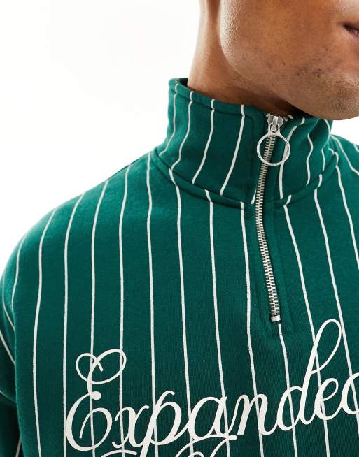 Bershka striped 1/4 zip sweatshirt in green | ASOS