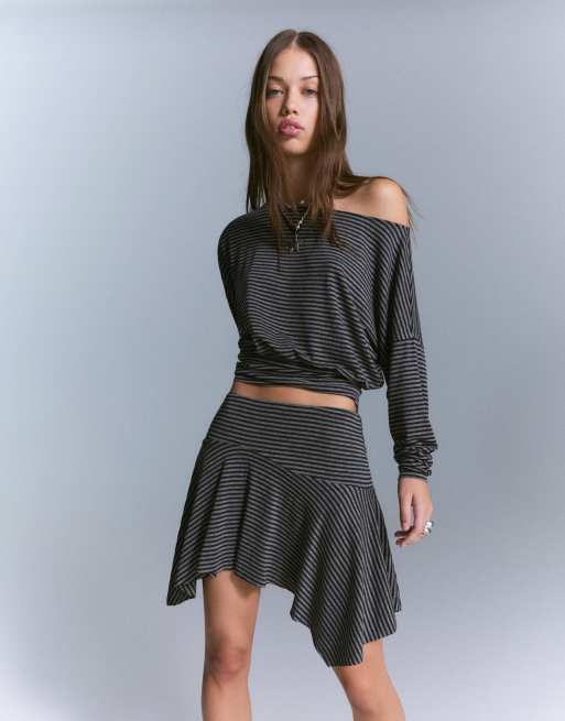 Bershka Striped asymmetric mini skirt in grey&black ASOS