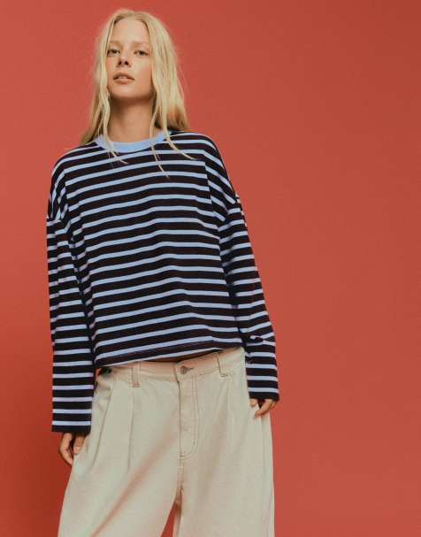 Bershka Striped boxy long sleeve t-shirt in brown - view 1