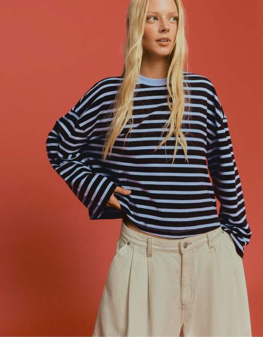 Bershka Striped boxy long sleeve t-shirt in brown, 2 of 5