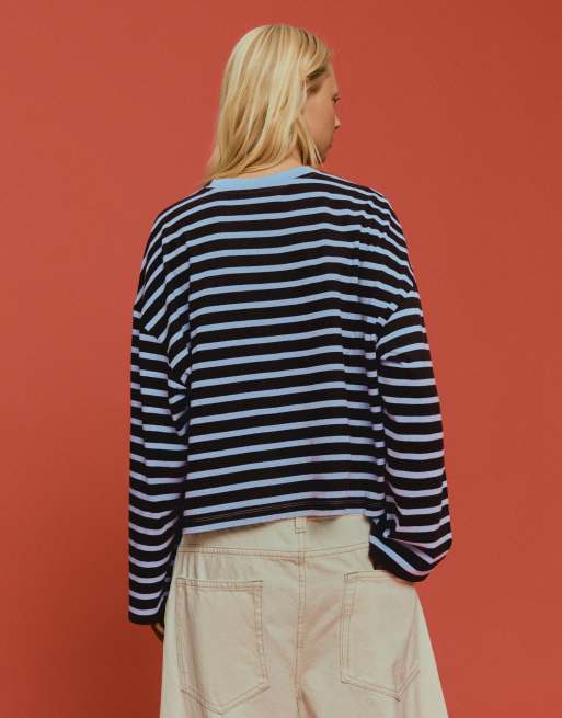 Bershka Striped boxy long sleeve t-shirt in brown, 3 of 5