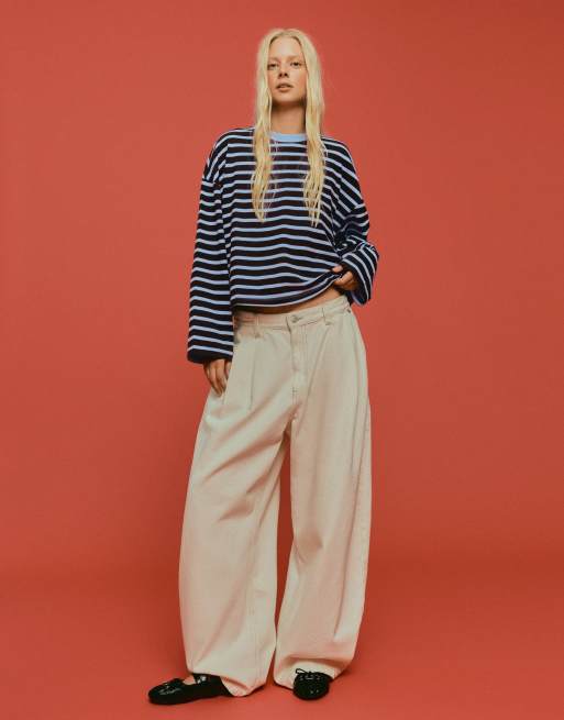 Bershka Striped boxy long sleeve t-shirt in brown, 4 of 5