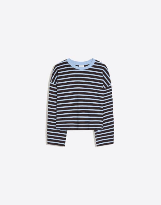 Bershka Striped boxy long sleeve t-shirt in brown, 5 of 5