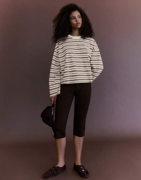 Bershka Striped boxy long sleeve t-shirt in ecru - view 1