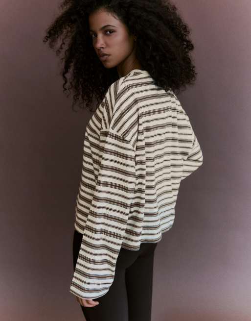 Bershka Striped boxy long sleeve t-shirt in ecru, 3 of 5