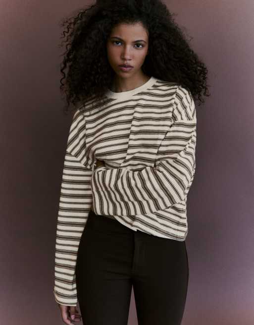 Bershka Striped boxy long sleeve t-shirt in ecru, 4 of 5