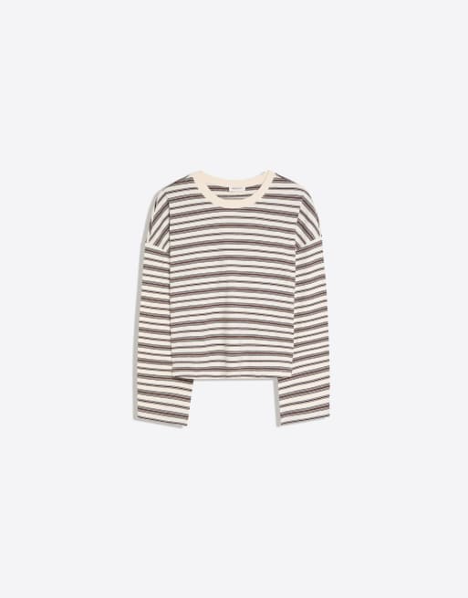 Bershka Striped boxy long sleeve t-shirt in ecru, 5 of 5