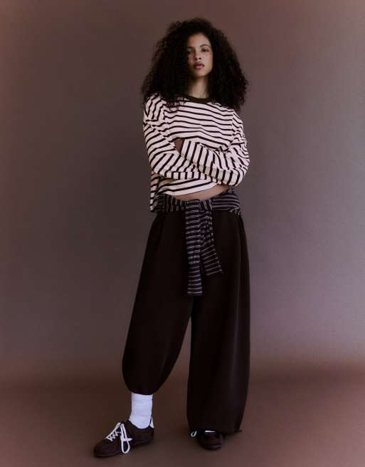 Bershka Striped boxy long sleeve t-shirt in pink, 3 of 5