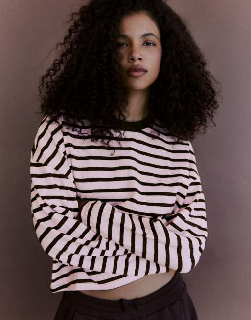 Bershka Striped boxy long sleeve t-shirt in pink, 4 of 5