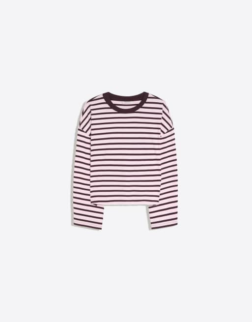 Bershka Striped boxy long sleeve t-shirt in pink, 5 of 5