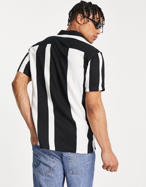 Bershka baseball shirt in black and white stripe
