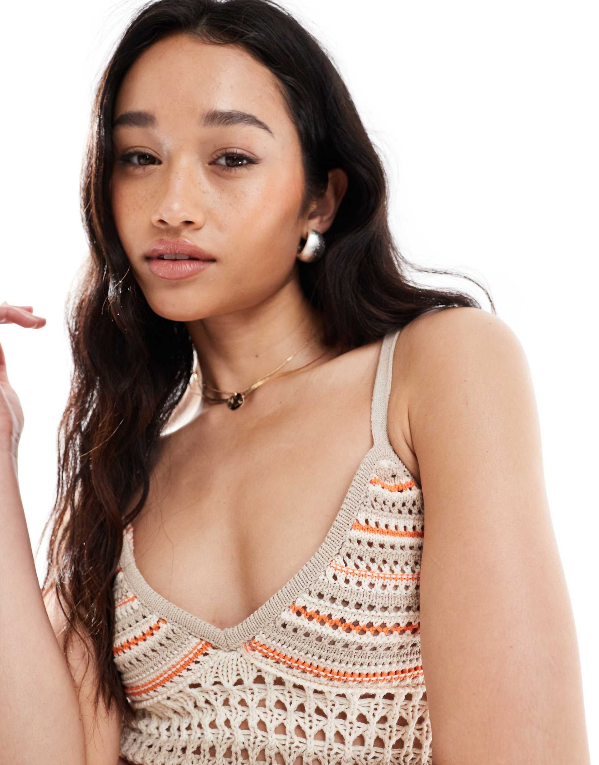 bershka striped crochet knit maxi dress in pink and brown
