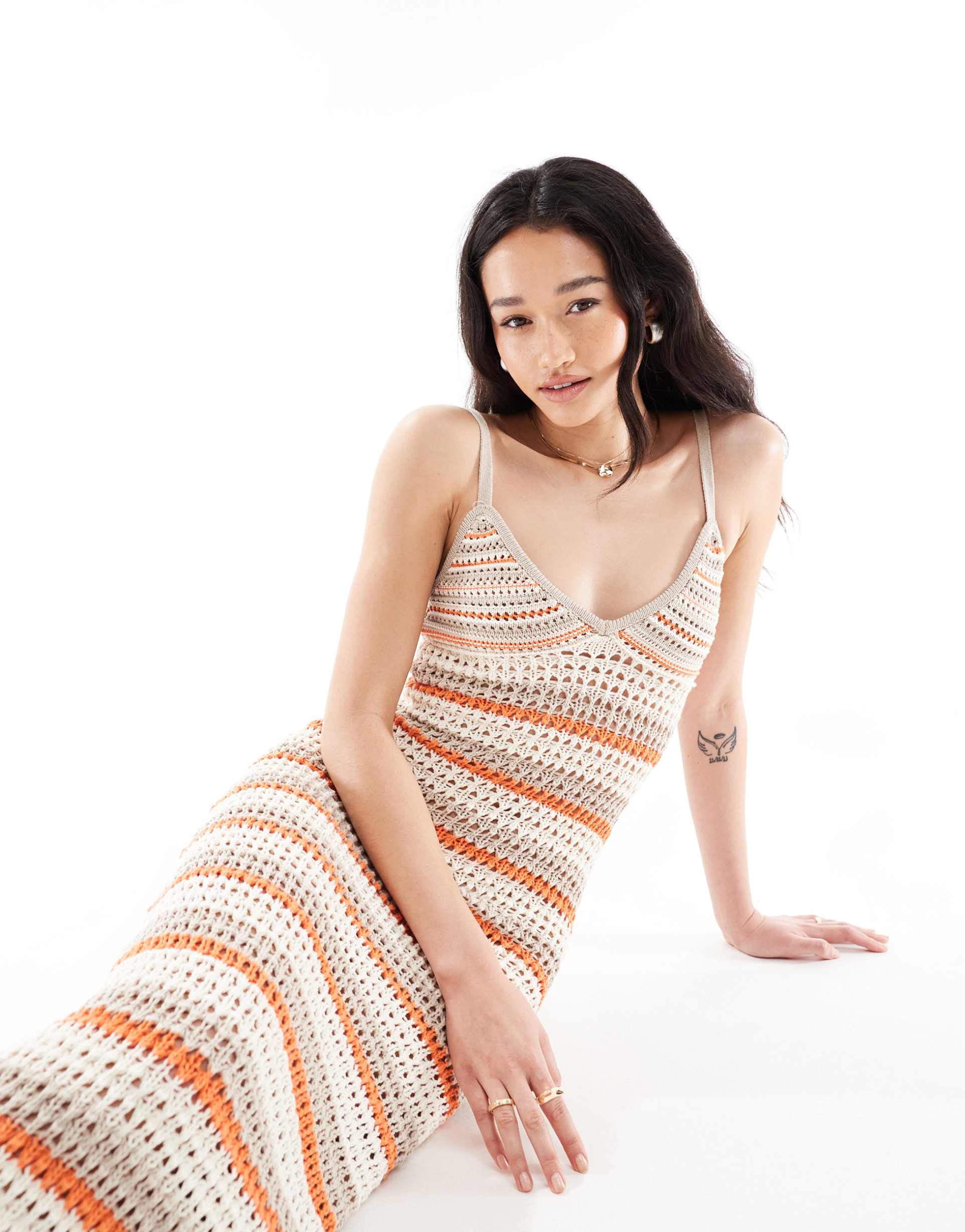 bershka striped crochet knit maxi dress in pink and brown