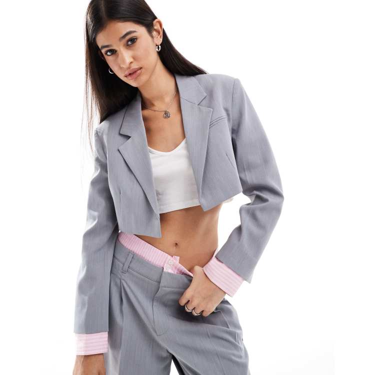 Bershka striped cuffs cropped blazer co-ord in grey ASOS