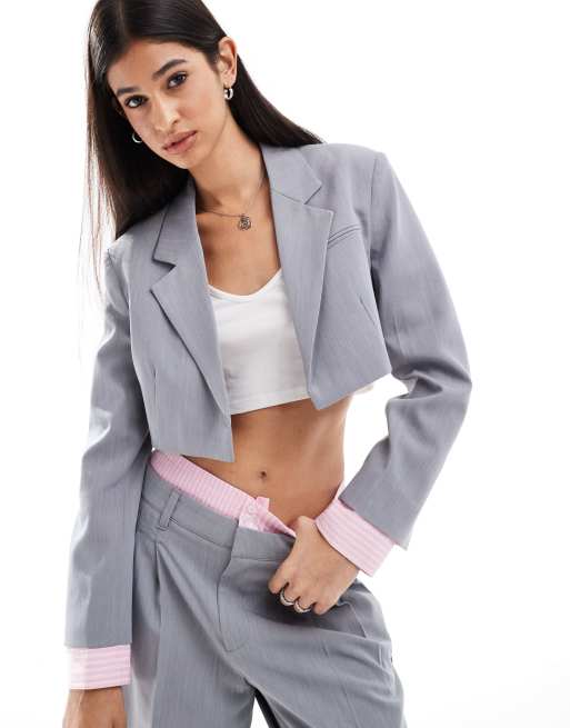 Bershka striped cuffs cropped blazer in grey (part of a set)