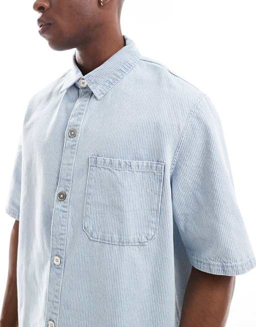 Bershka striped denim shirt in blue | ASOS