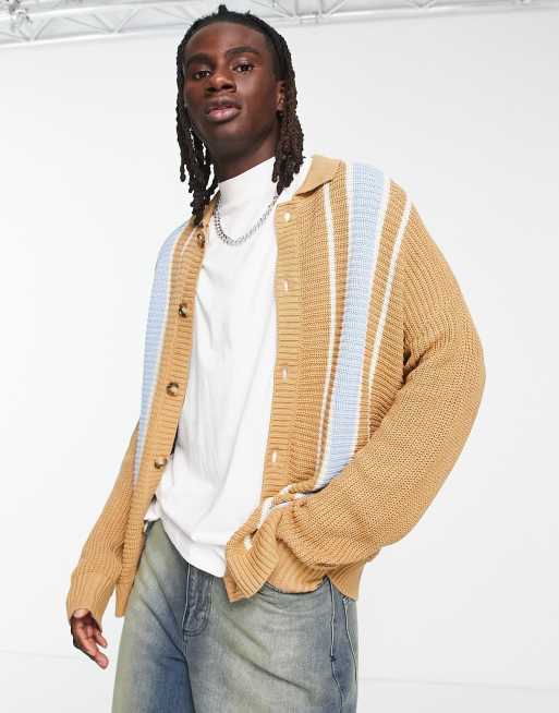 Bershka striped grandad cardigan in camel ASOS