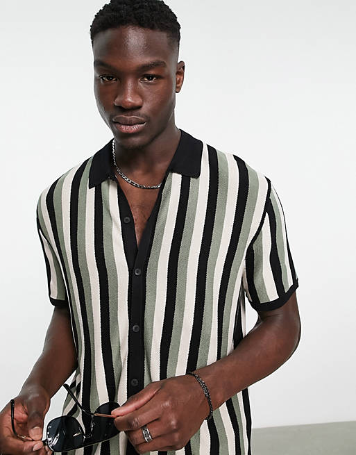 Bershka striped knitted polo in black and sage | ASOS