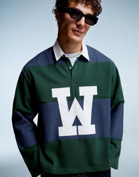 Bershka Striped long sleeve boxy fit polo shirt in green - view 1