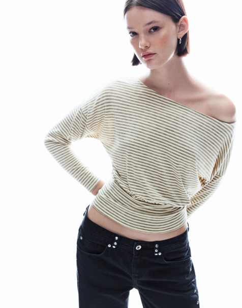 Bershka Striped long sleeve t-shirt with sash in beige - view 1
