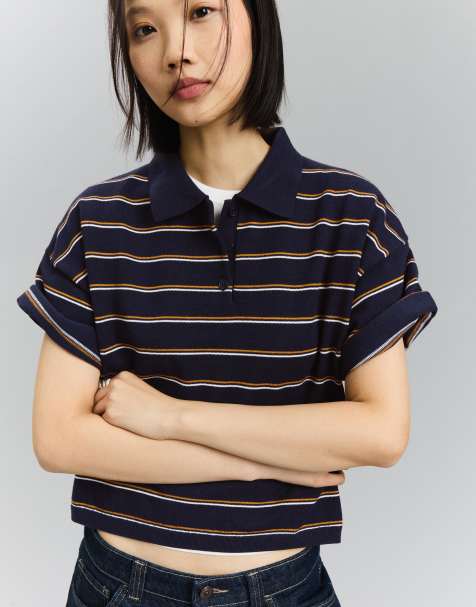 Bershka Striped polo collar jumper in blue - view 1