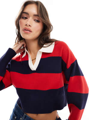 Bershka striped polo neck jumper in red