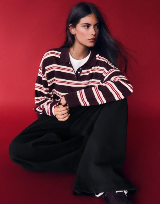 Bershka Striped polo neck sweater in burgundy, 2 of 5
