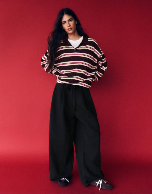 Bershka Striped polo neck sweater in burgundy, 4 of 5