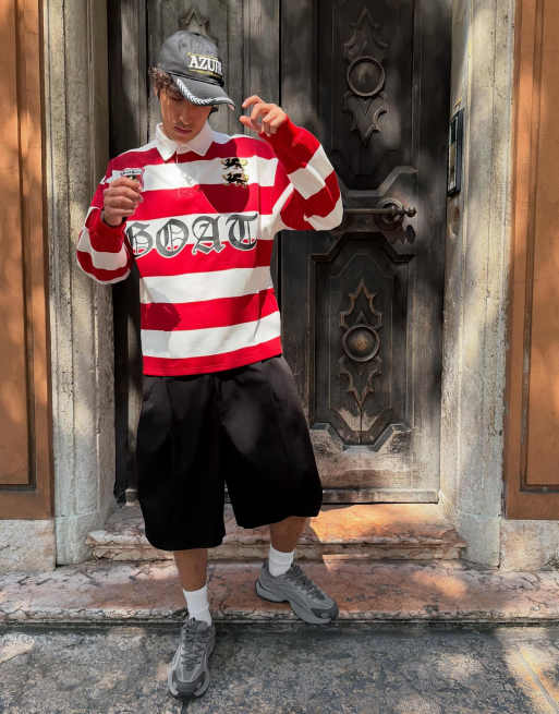 Bershka Striped print long sleeve polo shirt in red, 2 of 7