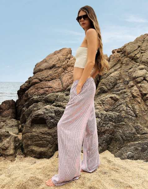 Bershka striped rustic trousers in burgundy