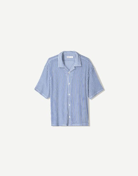 Bershka striped short sleeve shirt in denim blue - view 1