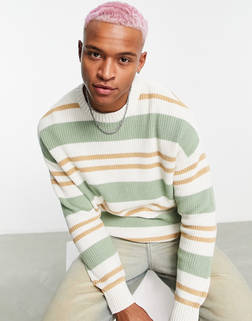 Bershka striped sweater in green and beige