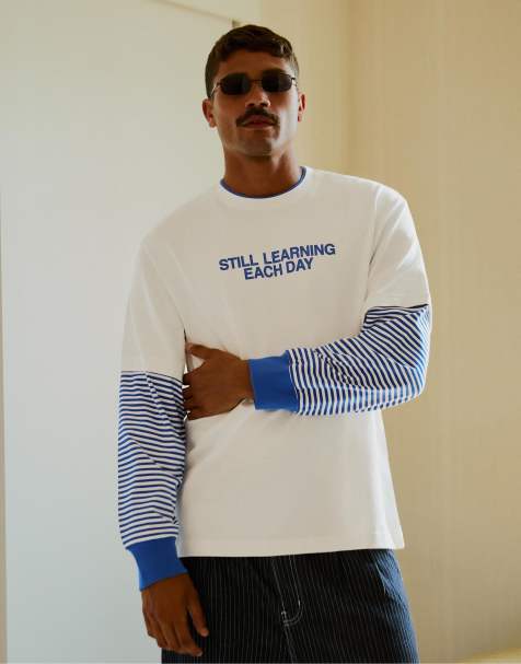 Bershka Striped t-shirt with double sleeve detail in white