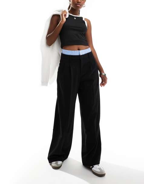 Bershka striped waistband wide leg tailored pants in black & blue - view 1