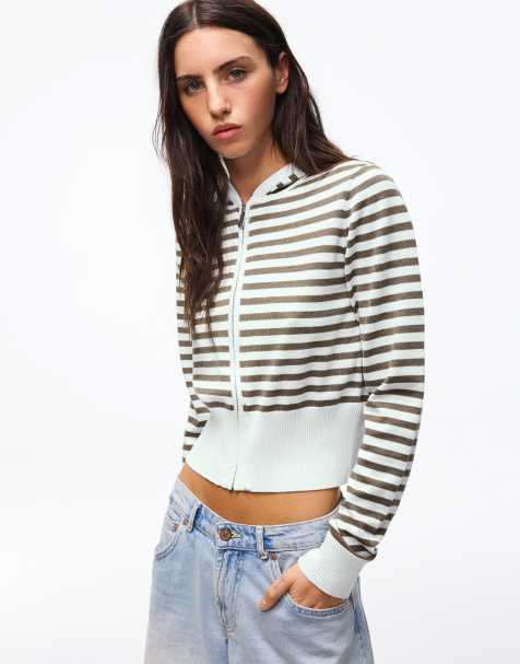 Bershka Striped zip-up hoodie in denim blue - view 1