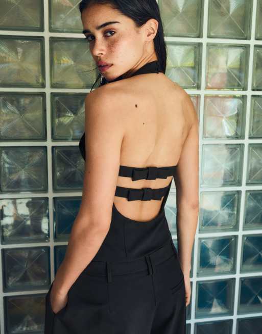 Bershka Structured halter top with ties in black, 3 of 5