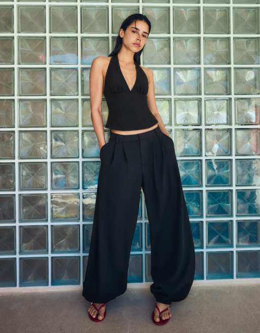 Bershka Structured halter top with ties in black, 4 of 5