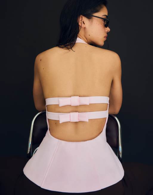 Bershka struktureret halterneck-top med bindebånd i pink, 2 af 5