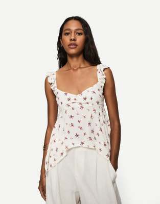 Bershka - Strukturierte Bluse in Weiß mit Print-Keine Farbe