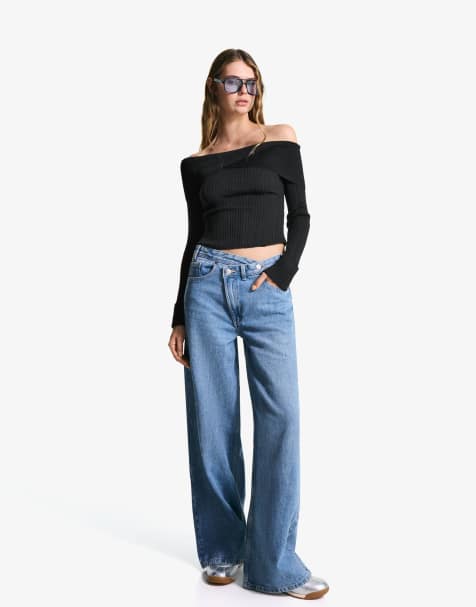 Bershka – Strukturierter Pullover in Schwarz mit Carmen-Ausschnitt - view 1