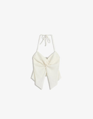 Bershka - Strukturiertes Neckholder-Oberteil in Weiß mit Knoten
