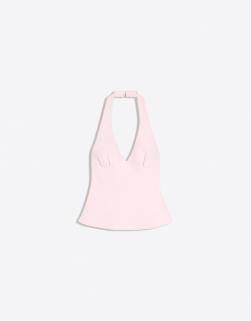 Bershka strukturiertes Neckholder-Top mit Bindebändern in Pink, 5 von 5