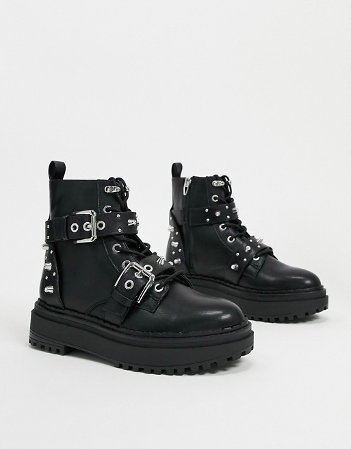 Bershka stud and buckle detail boots in black