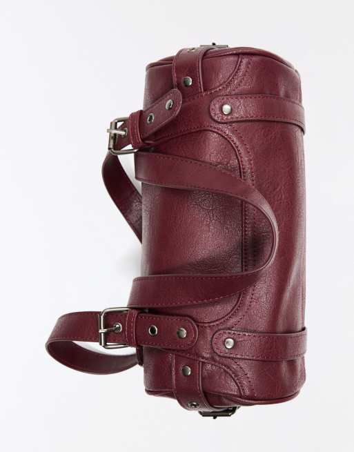 Bershka Studded barrel bag in burgundy, 3 of 5