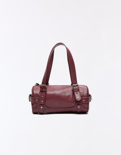 Bershka Studded barrel bag in burgundy, 4 of 5