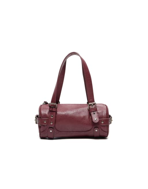 Bershka Studded barrel bag in burgundy, 5 of 5