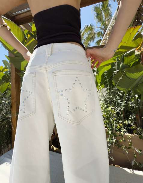 Bershka studded barrel trousers in white
