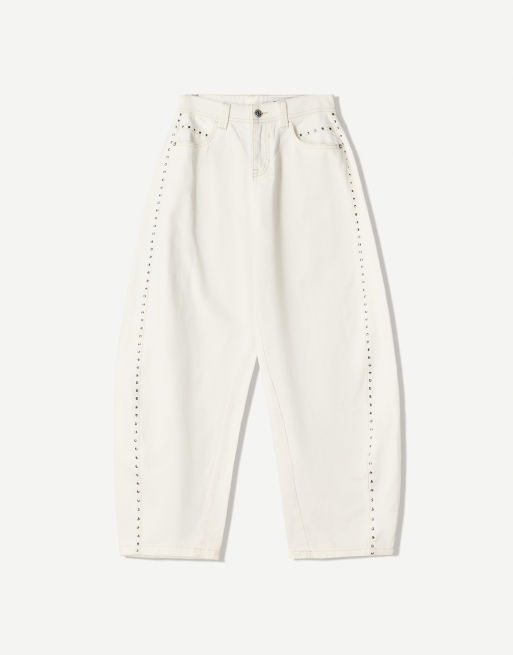 Bershka studded barrel trousers in white ASOS