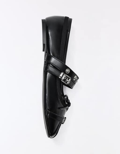 Bershka Studded buckle ballerinas in black, 6 of 7