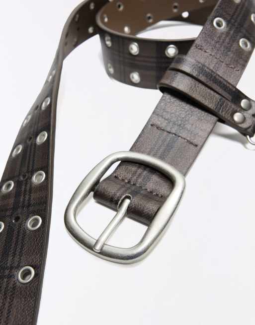 Bershka Studded check belt in brown, 2 of 5